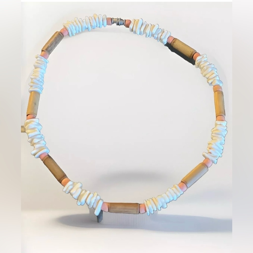 Handmade Puka Shell Wood Choker 7” L
